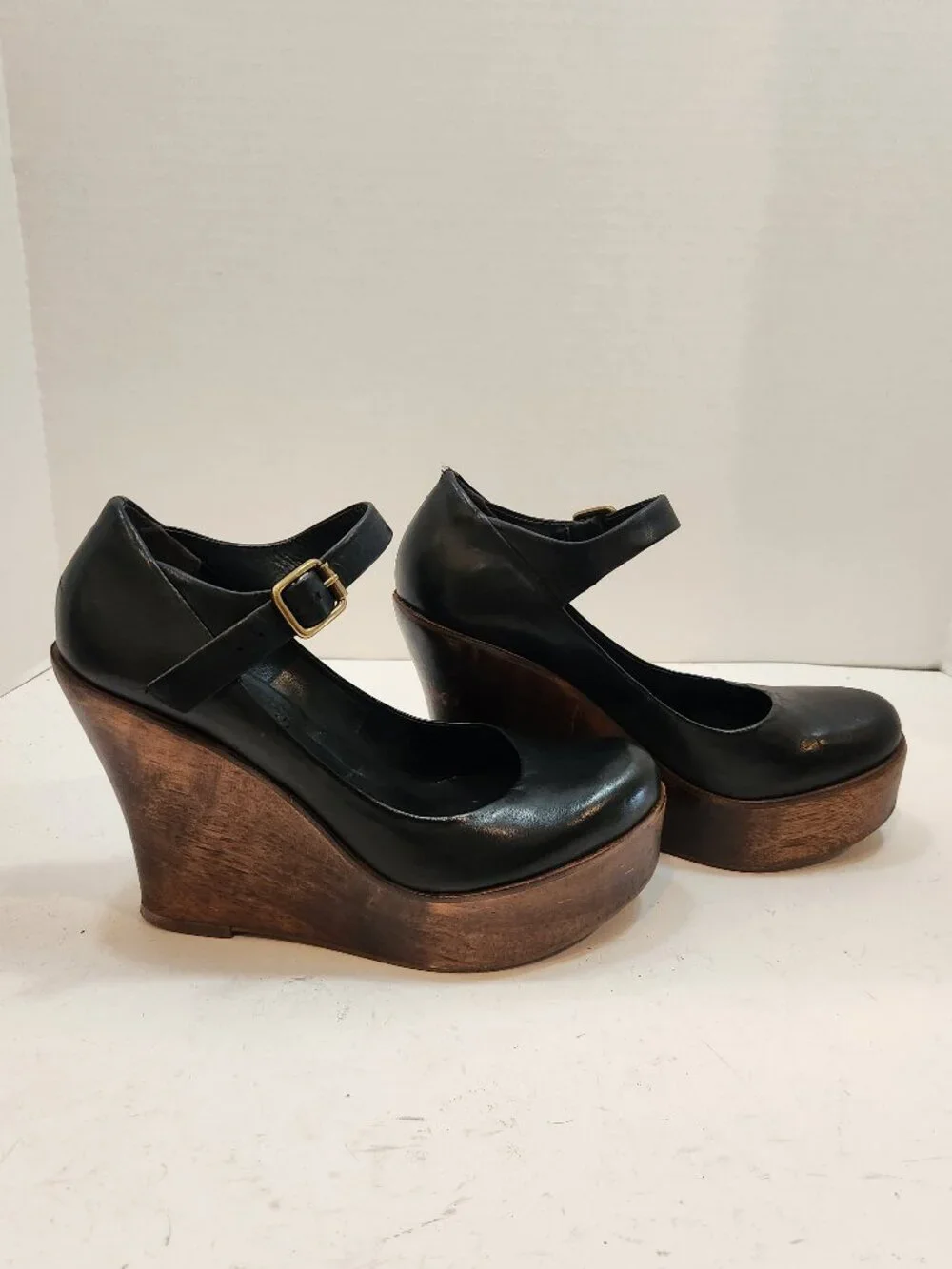 ALDO Retro Wood Platform Wedge Mary Janes Black Leather 6.5